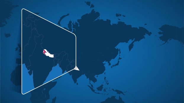 Location of Nepal on the World Map with Enlarged Map of Nepal with Flag. vector