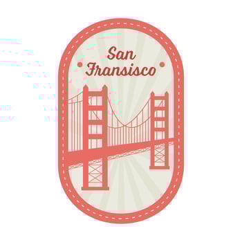 Flat Golden Gate With Rays On Oval Background For San Francisco Stamp Or Label Design In Orange And Grey Color. vector