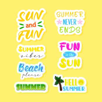 Summer season sticker set. Cute vector notebook label clip art. Summer handwriting quotes.