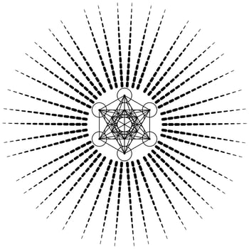 Metatron's Cube,  Flower of Life. Sacred geometry on radiant sun, graphic element Vector isolated Illustration. Mystic icon platonic solids, abstract geometric drawing, typical crop circles