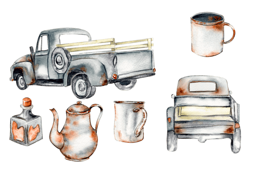 Vintage watercolor gray trucks and rusty garden equipment, hand drawn illustration of old car . png
