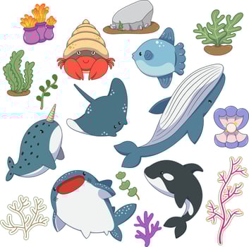 Set of cute sea life elements, funny sea animals, sea creatures vector illustration.