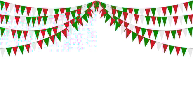 Italian republic day, 2nd June. Bunting Hanging Red White Green Flag Triangles Banner Background. Italy, Iran, Portugal, Lebanon, Belarus, Bulgaria, Mexico. Party, Fair, Christmas, New year, carnival. vector