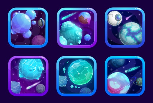 Cartoon space game app icons with blue planets vector