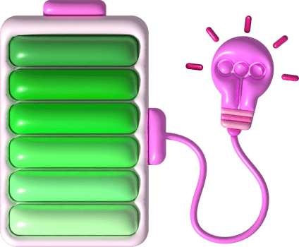 illustration 3D. Battery icon with charge level indicator and glowing bulb. minimalist cartoon style png
