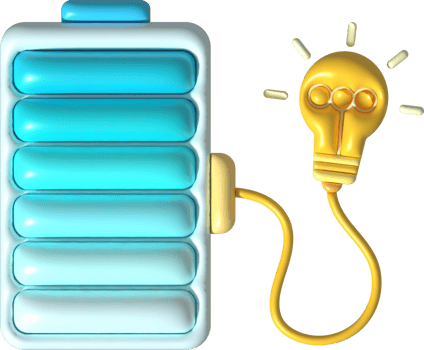 illustration 3D. Battery icon with charge level indicator and glowing bulb. minimalist cartoon style png
