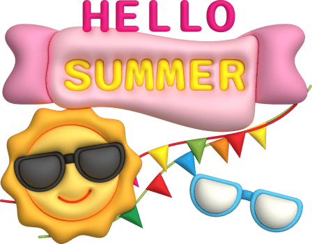 illustration 3d. Sun wearing sunglasses icon and text hello summer for design. png
