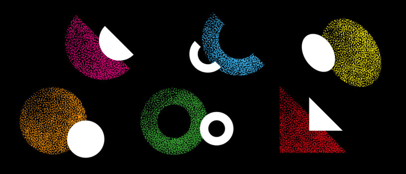 Y2K shapes made of dots, simple geometric shapes and forms, vector decorative retro objects.