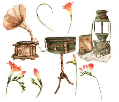 Watercolor illustration set of old rusty elements with freesia flowers. png