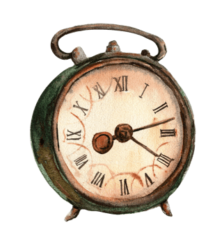 Watercolor illustration of old rusty green clock. png