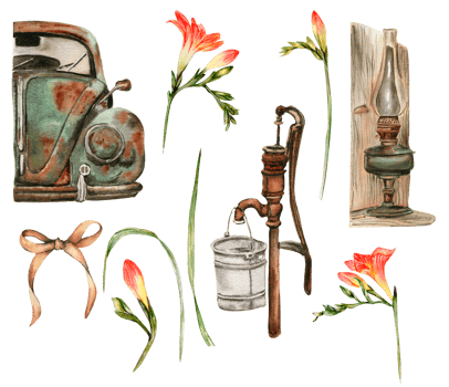 Watercolor illustration set of old rusty elements with freesia flowers. png