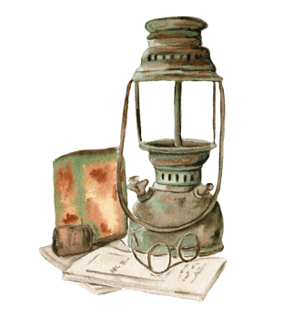 Watercolor illustration of old rusty green kerosene lamp. An old rusty enamel element. png