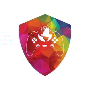 Game globe logo Icon design. online gamer world logo. inside shield shape vector illustration .