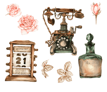 Watercolor illustration set of old rusty elements with roses flowers. png