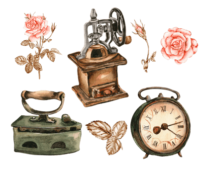 Watercolor illustration set of old rusty elements with roses flowers. png
