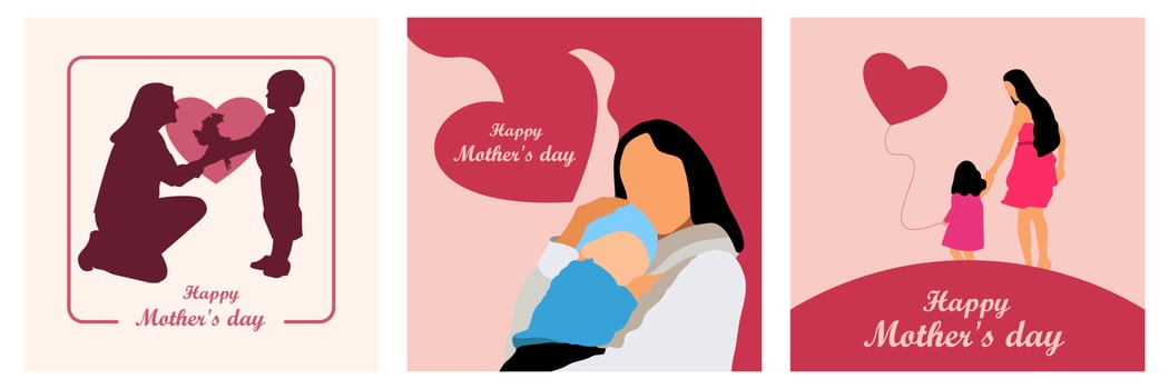 Mothers day. Set of vector illustrations. Abstract backgrounds, patterns, mother s day cards. Cover, poster, wallpaper. Minimalistic retro postcards.