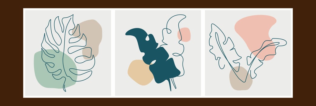 Botanical wall art vector set. Golden foliage line art drawing with watercolor. Abstract Plant Art design for wall framed prints, canvas prints, poster, home, cover, wallpaper. Summer and Spring