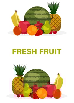 Organic healthy concept with fresh fruits set. Strawberries, banana, pomegranate, Pineapple, Apple, Orange, Watermelon apricot pear cherry summer vector