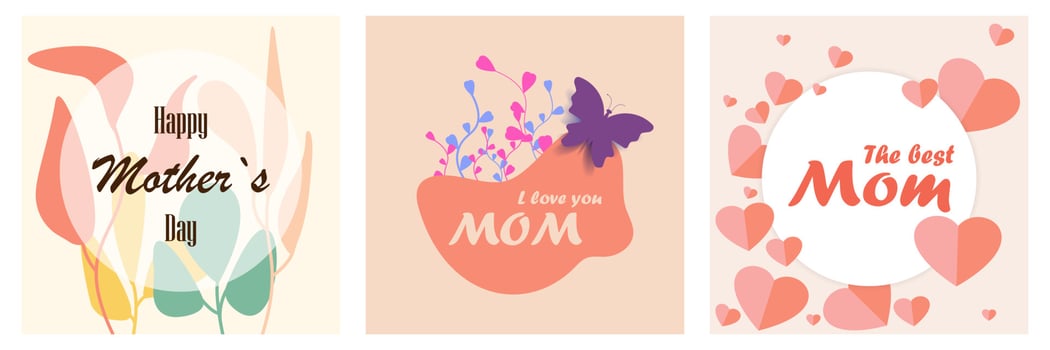 Mothers day. Set of vector illustrations. Abstract backgrounds, patterns, mother s day cards. Cover, poster, wallpaper. Minimalistic retro postcards.