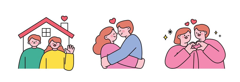 Wedding day. newlyweds' house. A couple hugging each other. A couple holding hands. vector