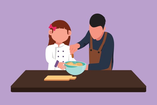 Graphic flat design drawing happy father and daughter knead cake dough using manual hand mixer. Dad and his little girl enjoying kneading cake dough together at home. Cartoon style vector illustration