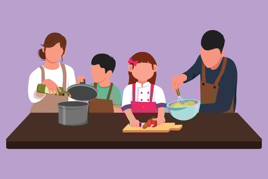 Graphic flat design drawing happy family mom, dad, little daughter and son are cooking delicious food together in kitchen for dinner at home. Kitchenware, crockery. Cartoon style vector illustration