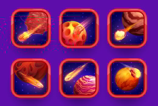 Cartoon space game app icons, red planets vector