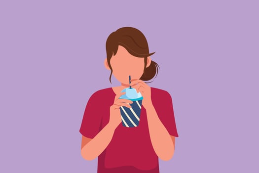 Graphic flat design drawing portrait of woman holding plastic cup and drink orange juice in hot summer. Busy time at office hour. Active female feels thirsty at work. Cartoon style vector illustration
