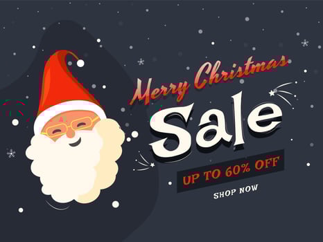 Sale banner or poster design with discount offer and cute santa face for Merry Christmas celebration. vector