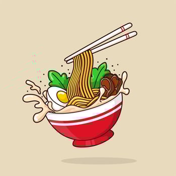 Ramen noodle. Noodles with eggs. Bowl with ramen. Vector illustration of cartoon logo icon.