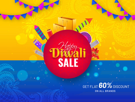 Happy Diwali Sale banner or poster design with firecrackers, shopping bag and 60 discount offer on yellow and blue lighting effect floral background. vector