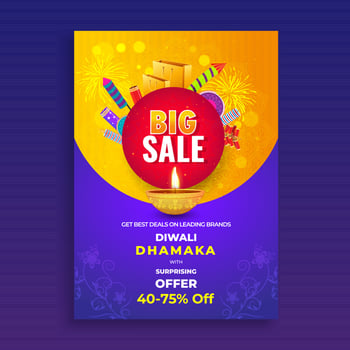 Big Sale template or flyer design with firecrackers, shopping bag and discount offer for Diwali Dhamaka. vector