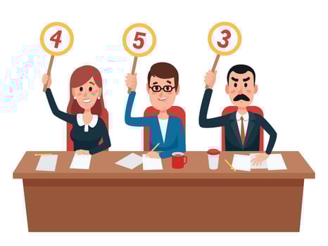 Jury. Judges group show scorecards with assessment opinion or score. Judge on quiz show, college evaluation vector illustration