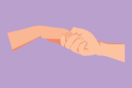 Cartoon flat style drawing of romantic man and woman holding hands each other. Sign or symbol of love, caring, friendship, relationship. Hand gestures communication. Graphic design vector illustration