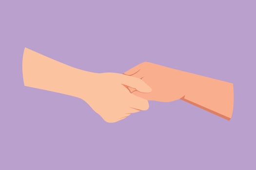 Character flat drawing two hands holding each other. Sign or symbol of love, relationship, couple, marriage. Communication with hand gesture. Hand gesture care icon. Cartoon design vector illustration