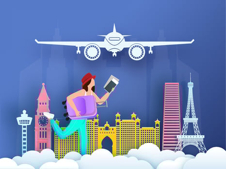 Creative poster or banner design with foreign country famous monument and illustration of tourist character on paper cut cloudy background for Time To Travel or vacation concept. vector