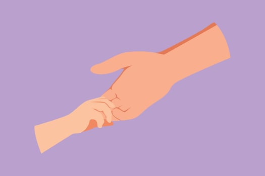 Graphic flat design drawing father giving hand to his child. Adorable babies hands holding mom finger. Parenting mother care with love. Parental concept. Happy dad. Cartoon style vector illustration