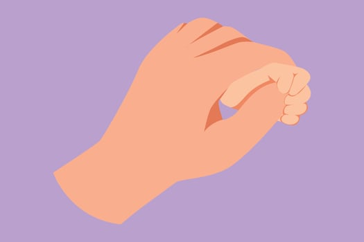 Graphic flat design drawing babies hand holding fathers finger. Beautiful sleeping baby girl. Newborn little baby girl, asleep on blanket. Happy family with newborn. Cartoon style vector illustration