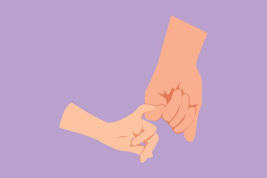 Cartoon flat style drawing mother and little baby hand gesturing keeping promise. Tiny newborn babies and female hands. Mom and her child. Happy family with newborn. Graphic design vector illustration