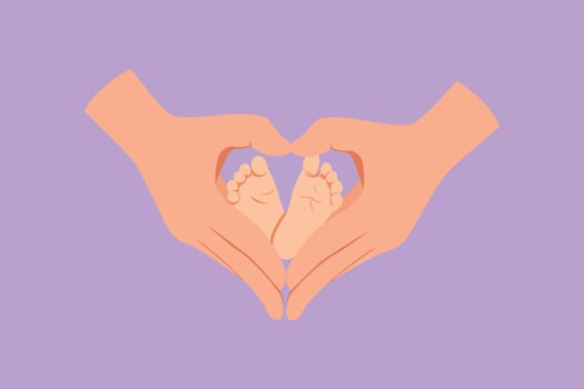 Character flat drawing adorable babies foot hold by father hand finger making love shape. Beautiful sleeping baby girl. Newborn baby girl. Happy family with newborn. Cartoon design vector illustration