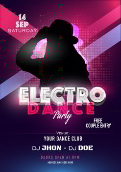 Electro Dance Party Invitation, Flyer Design with Silhouette Female and Event Details on Blue and Purple Halftone Effect Background. vector