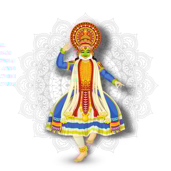 Illustration of Kathakali Dancer performing on white mandala pattern background. vector