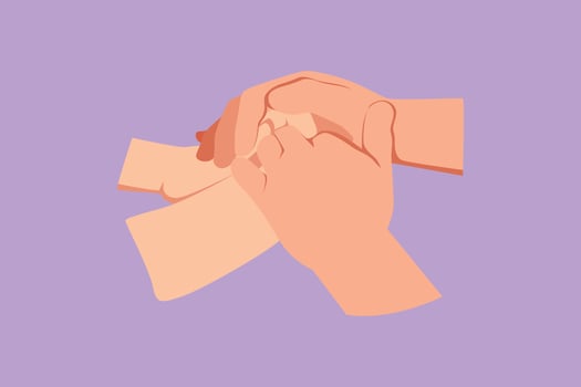 Graphic flat design drawing of two hands holding each other. Sign or symbol of love, relationship, couple, marriage. Romantic couple communication with hand gestures. Cartoon style vector illustration