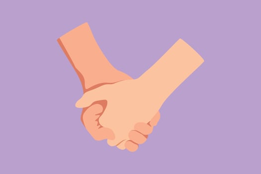 Cartoon flat style drawing of two hands holding each other. Sign or symbol of love, relationship, couple, marriage. Romantic couple communication with hand gestures. Graphic design vector illustration