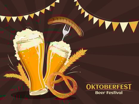 Oktoberfest Beer Festival celebration poster or template design with illustration of wine glasses, sausage fork, pretzel and wheat on brown rays background. vector