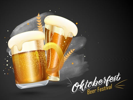 Vector illustration of wine glasses with wheat on black background for Oktoberfest Beer Festival poster or banner design.