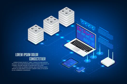 Vector isometric server storage concept. Laptop, tablet, mobile, router wifi and server isometric.
