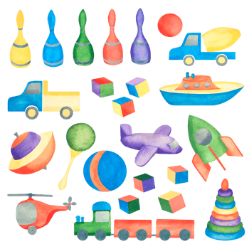 Kids toys. Watercolor illustration of a set of children's toys. Illustration for kids. Isolated on white background. Suitable for postcards, invitations, banners. png
