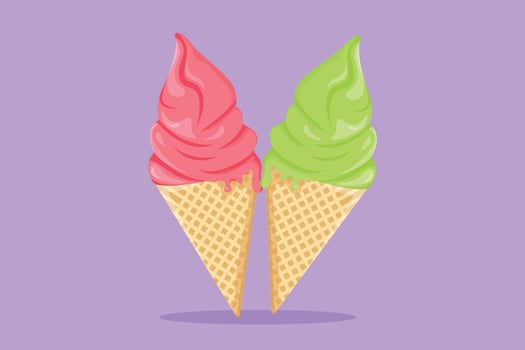 Cartoon flat style drawing fresh ice cream cone store logo. Icecream dessert cafe menu and restaurant badge concept, street food logotype for food delivery service. Graphic design vector illustration