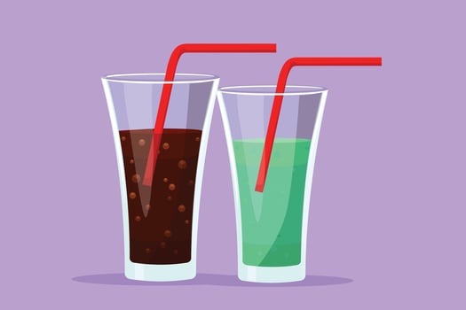Cartoon flat style drawing fresh sweet soft drink on glass with ice cube logo emblem. Drinking cafe shop logotype template icon concept. Refreshing drink in summer. Graphic design vector illustratione